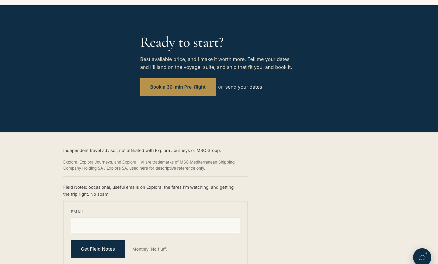 The site footer showing the verbatim disclosure: Independent travel advisor, not affiliated with Explora Journeys or MSC Group, followed by a trademark-acknowledgment line
