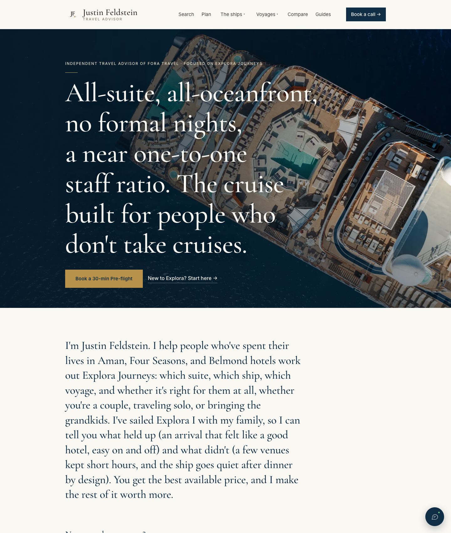 feldstein.travel homepage hero, set in Cormorant Garamond over a deep-ocean ship photograph, with a brass call-to-action button
