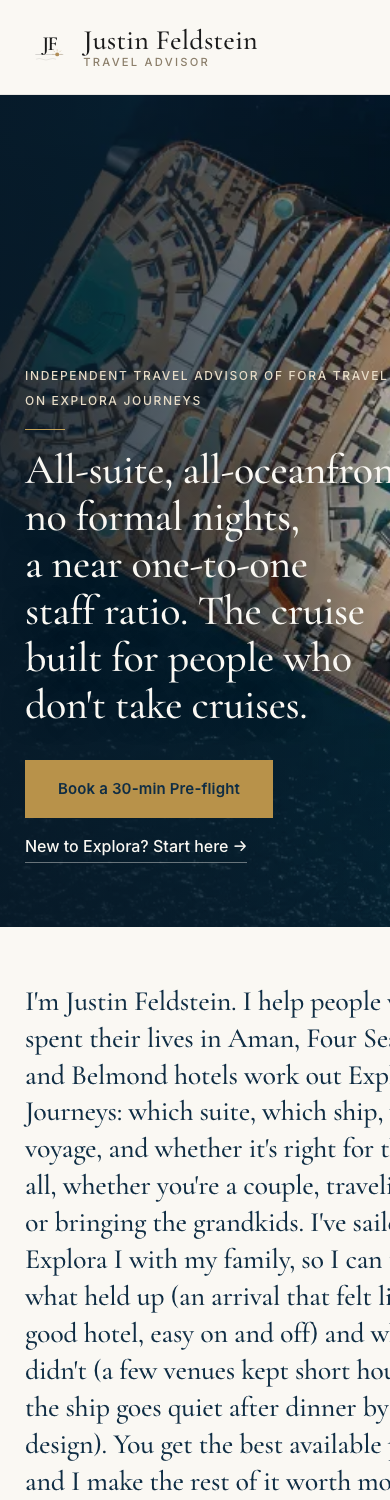 The feldstein.travel homepage rendered at 390px wide, showing the responsive design-token layout