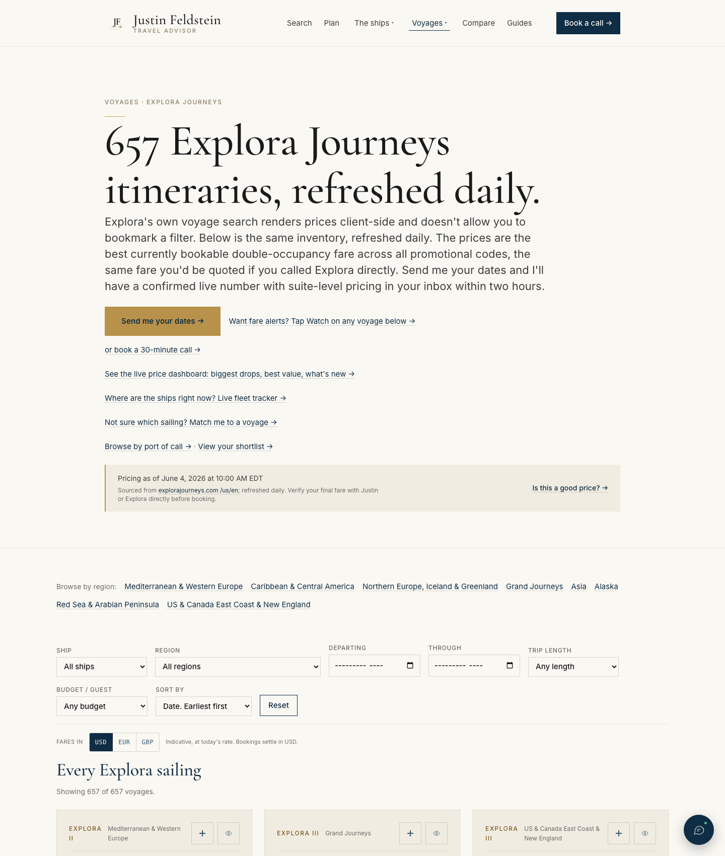 A data-driven voyages page on feldstein.travel listing itineraries with filters, a currency toggle, and a note that fares are refreshed daily